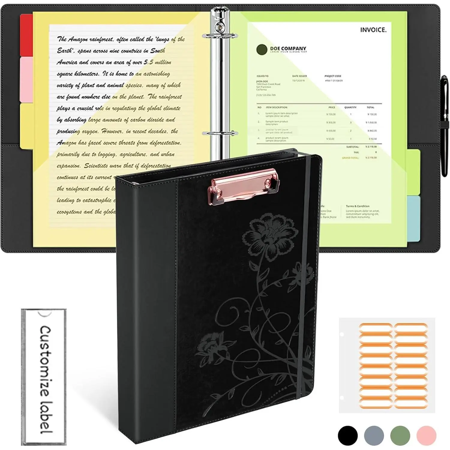 3 Ring Binder 1 Inch, Leather Binders with Clipboards,  Three Ring Binder with 10 Pocket Divider(Black, Letter Size)