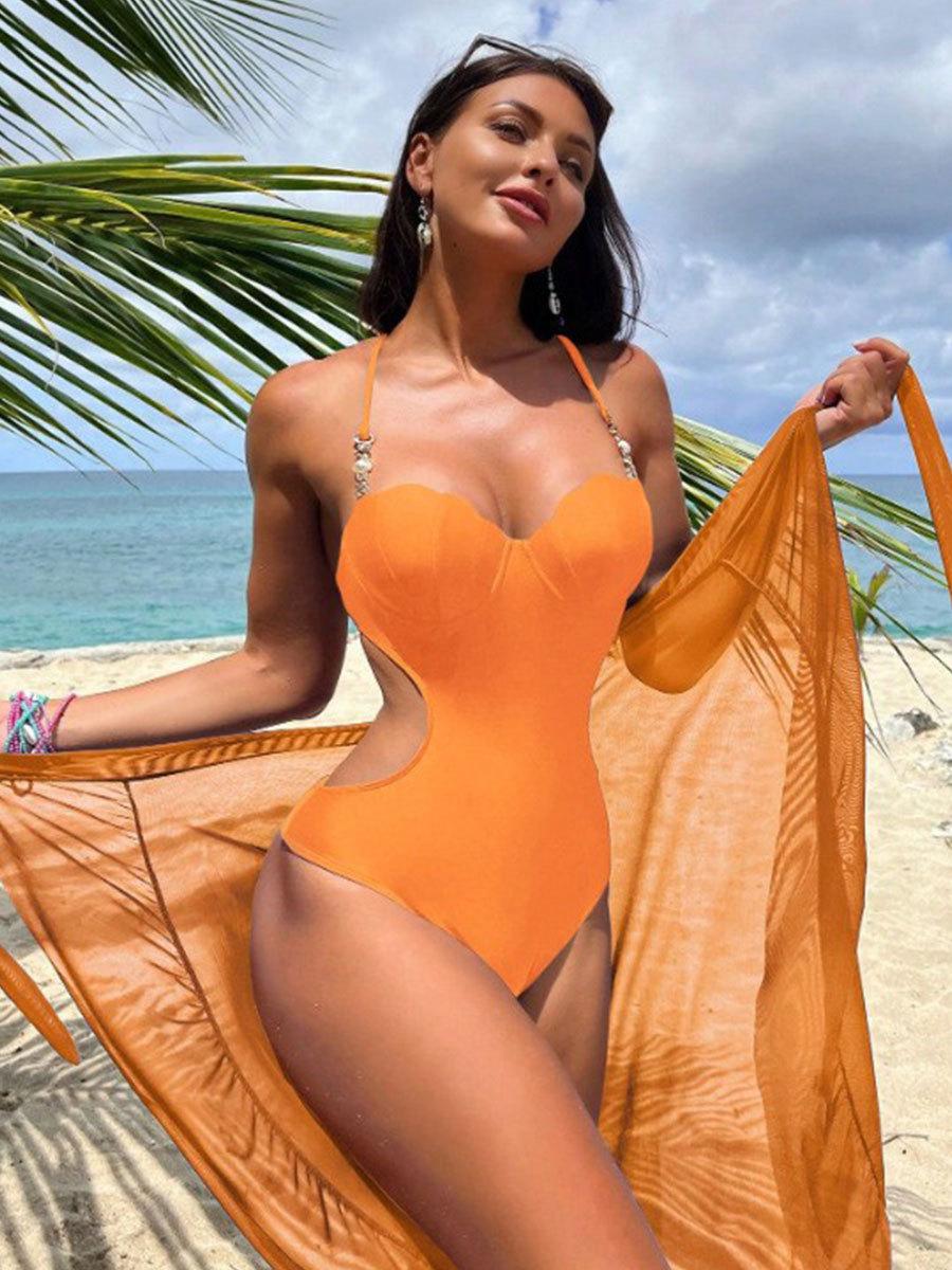 New casual tight-fitting one-piece swimsuit for women, sexy European and American bikini swimwear with skirt for beach vacations, foreign trade