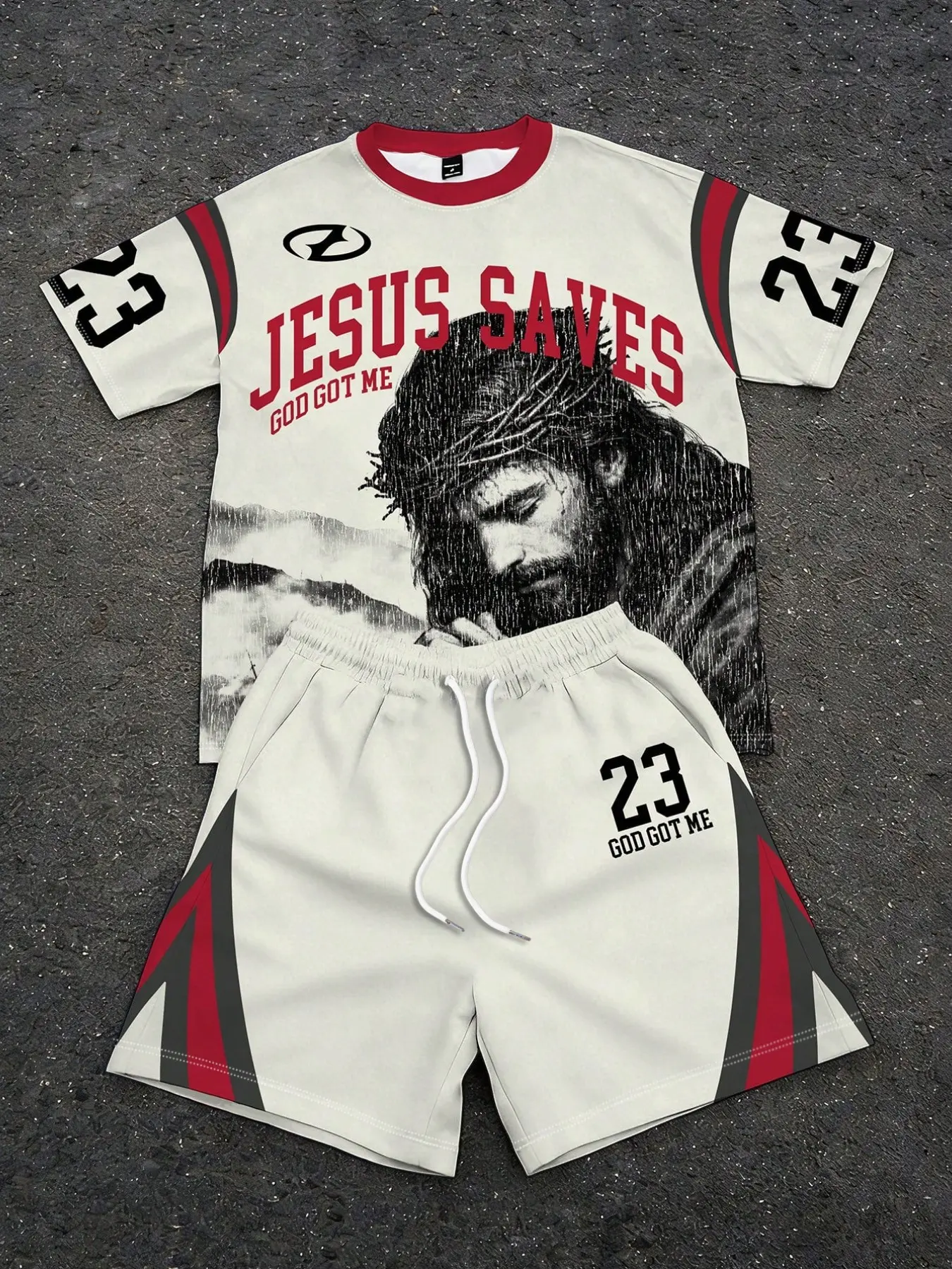 Men's Jesus Christ Print Short Sleeve Set, Unisex Casual Two-Piece, Daily Home Commute Leisure Wear, Floral Pattern, Loose-Fit