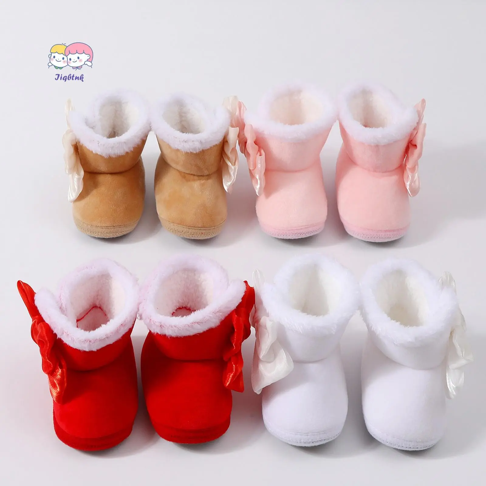 Baby Girl Velvet Booties with Bow Decor, Warm Flat First Walking Shoes with Non-Slip Dotted Plastic Sole for Infants 0-12 Months, Sponge, 10.5 Cm, Eva