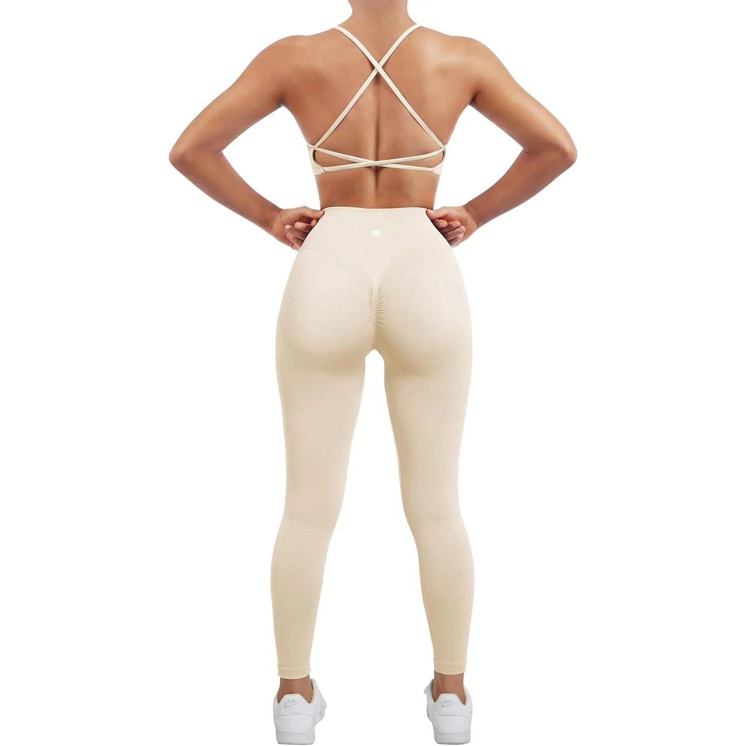Outdoor & Sports SUUKSESS Women Seamless 2 piece Workout Sets Strappy Padded Sports Bra Booty High Waisted Leggings Outfits (Beige,M)