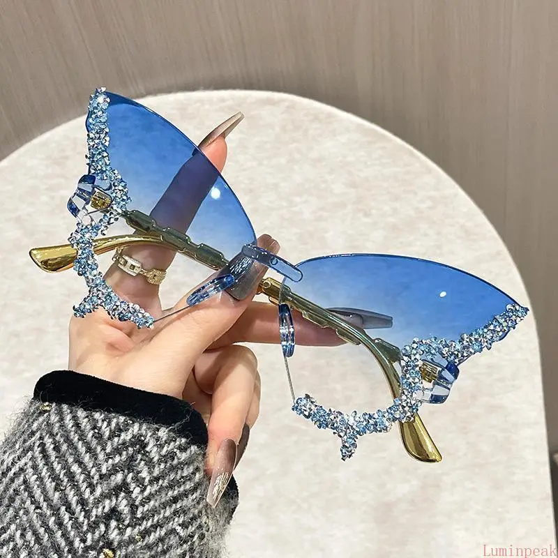 Frameless Butterfly Rhinestone Sunglasses Y2K Essential Gradient Lens UV400 Protection Lightweight Metal Temples for Music Festivals Birthday Parties Daily Street Style