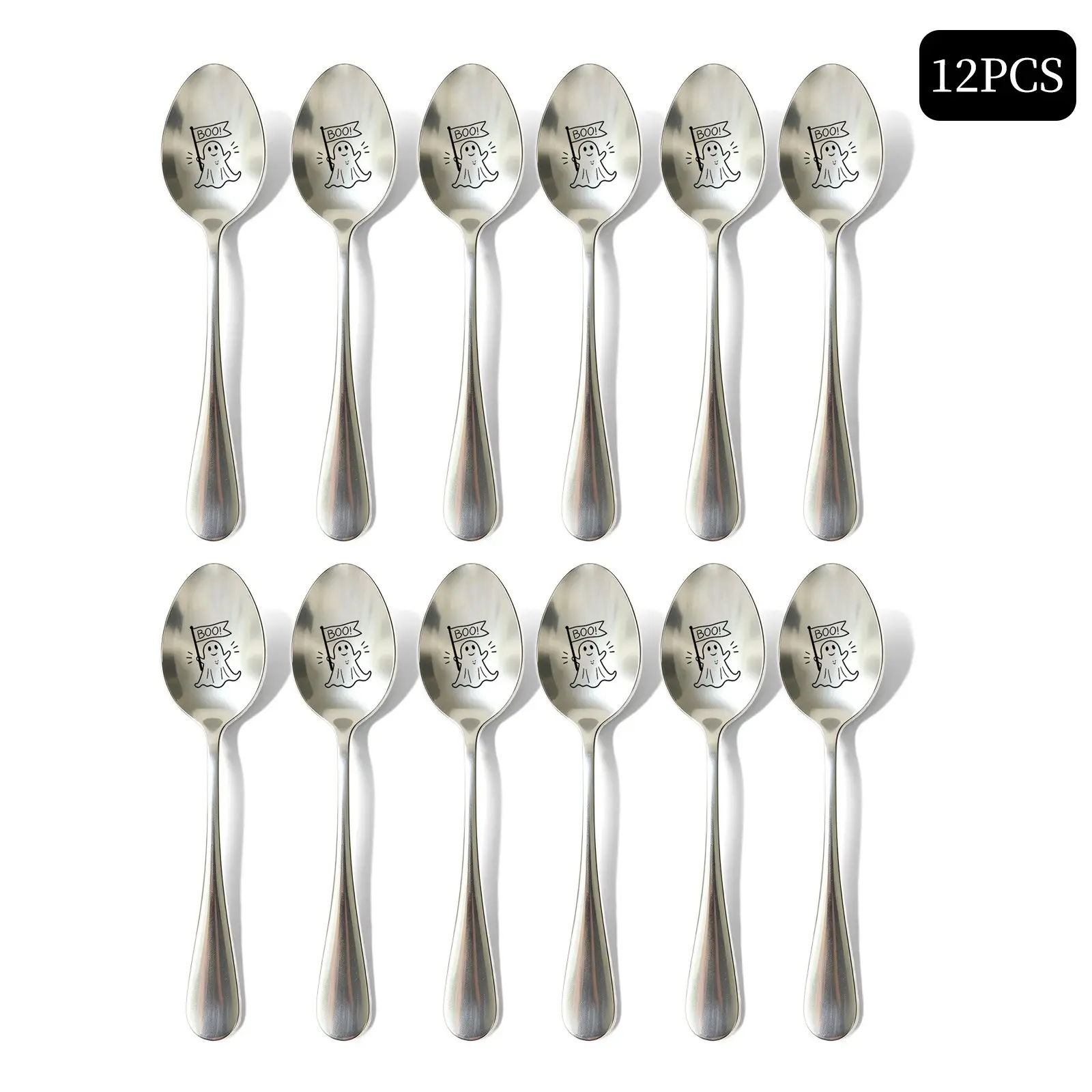 12pcs Halloween-Themed Spoons, Stainless Steel Mirror Coffee Spoons, Ghost Carvings, Holiday Decorations, Festive Gifts, Tea Spoons