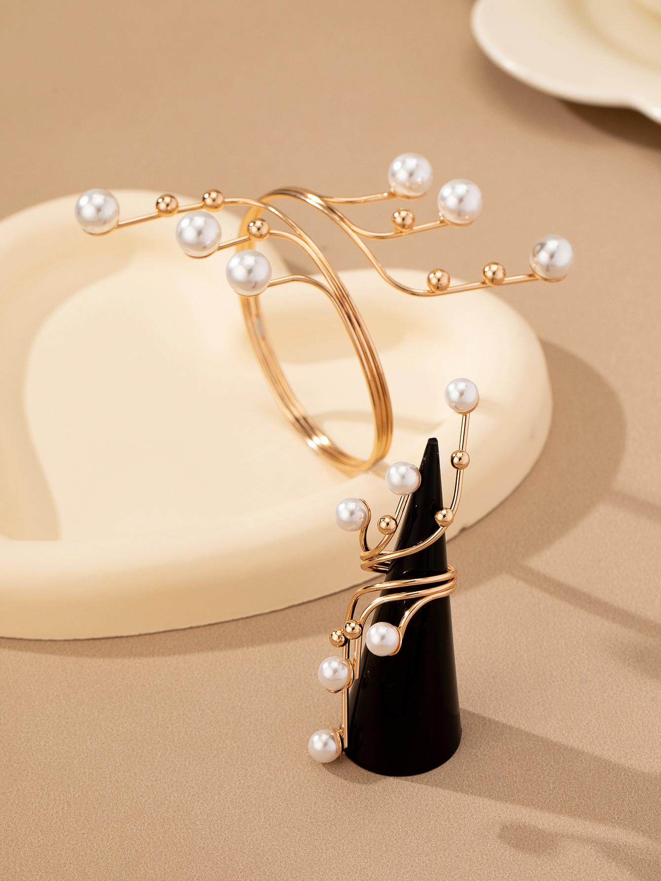 Elegant Faux Pearl Wrap Cuff Bracelet & Ring Set, 18K Gold Plated Multi-layer Pearl Jewelry Set for Women, Luxury Statement Jewelry for Party Wedding