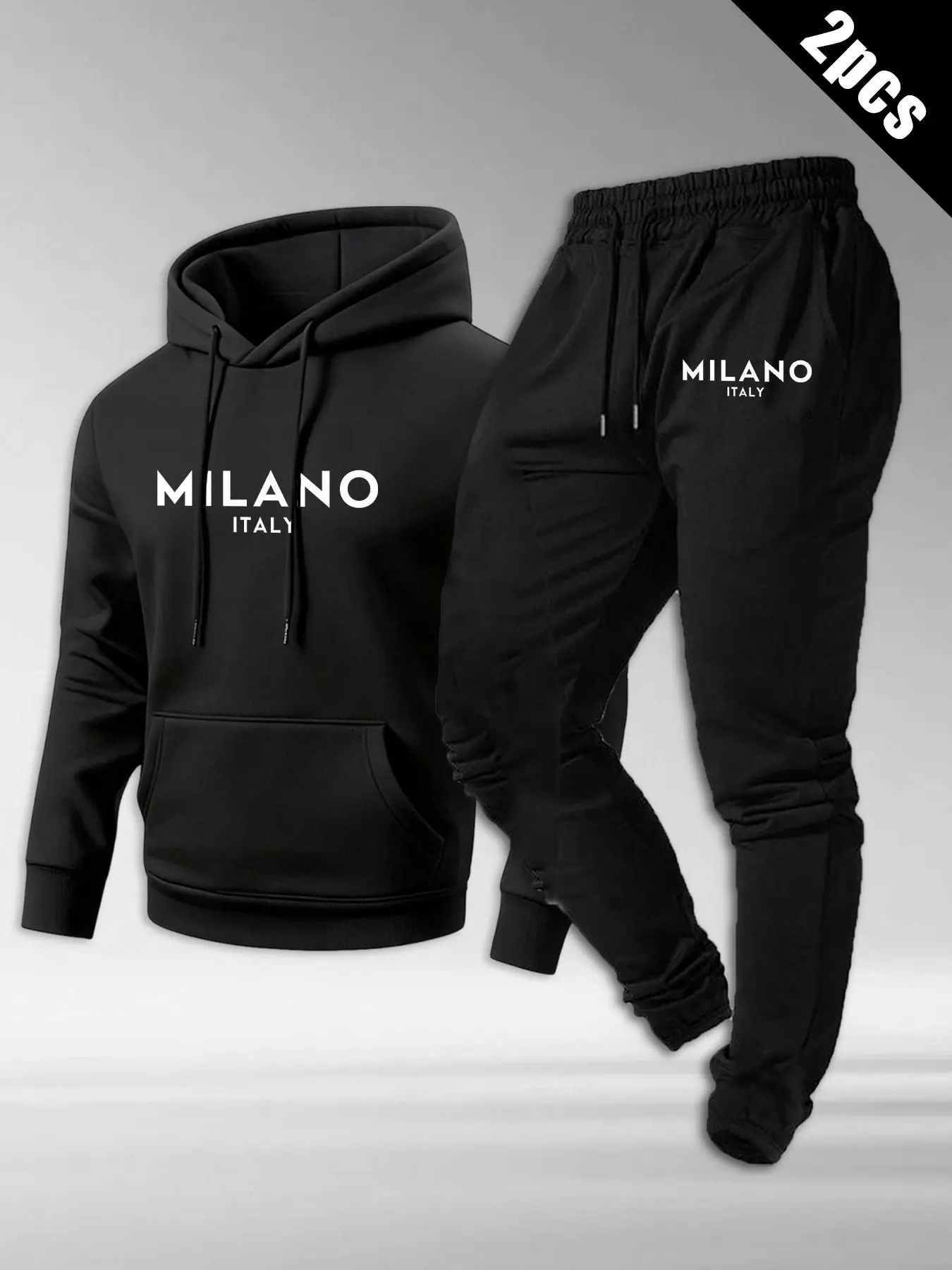Men's Milano Sporty Fitted Pullover Hoodie Letter Print Sweatsuit Set, Long Sleeve Print Top & Below Ankle Pants, All Seasons Compression Wear, Hooded Sportswear Set, Sports Clothing Set