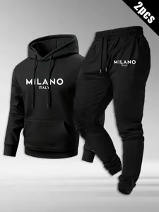 Men's Milano Sporty Fitted Pullover Hoodie Letter Print Sweatsuit Set, Long Sleeve Print Top & Below Ankle Pants, All Seasons Compression Wear