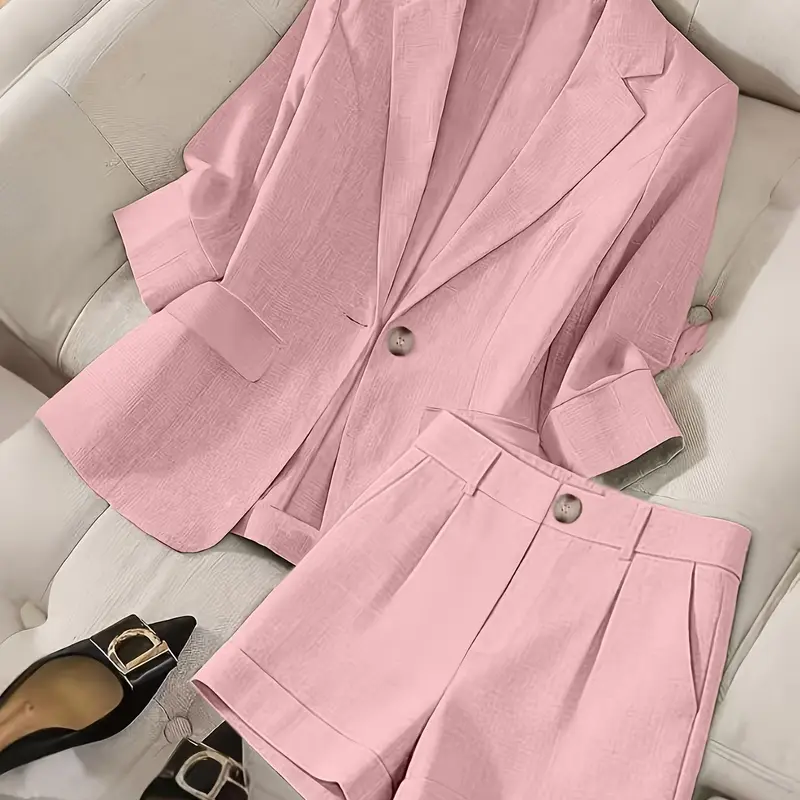 Two-Piece Suit Set with Single Button 3/4 Sleeve Blazer and High-Waisted Pleated Shorts, Casual Office Wear Summer Suits for All Seasons
