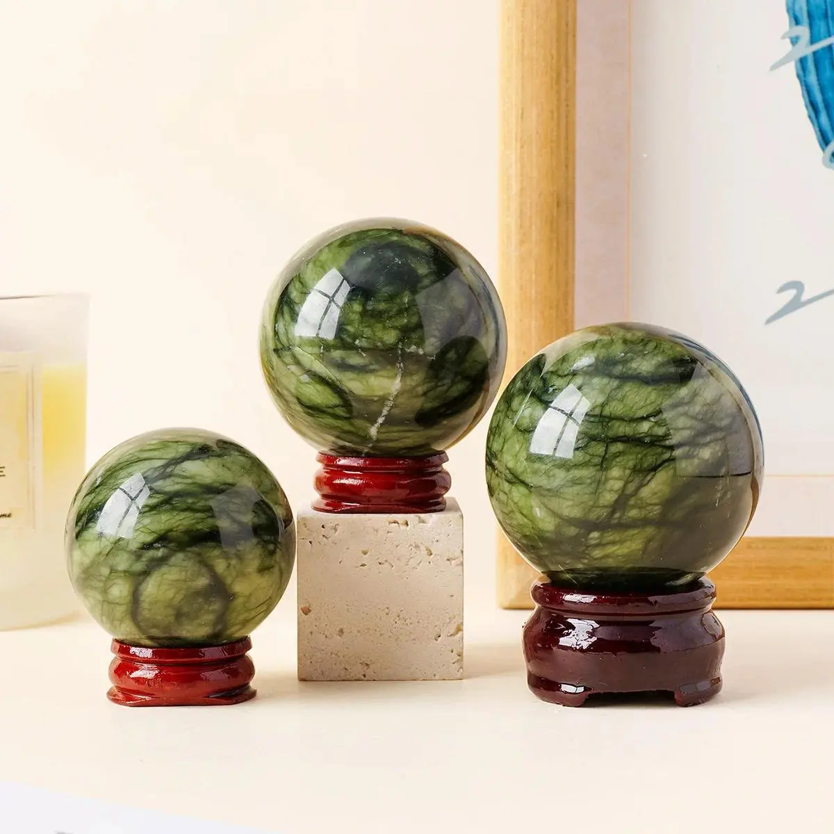 1pc Natural Green Jade Crystal Ball Home Desktop Decorative Feng Shui Ornament Holiday Gift