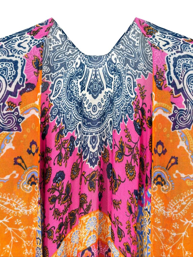 Women's Ethnic Pattern & Patchwork Print Cover Up, Boho Batwing Sleeve Open Front Cover Up, Ladies Summer Clothes for Beach Holiday Vacation