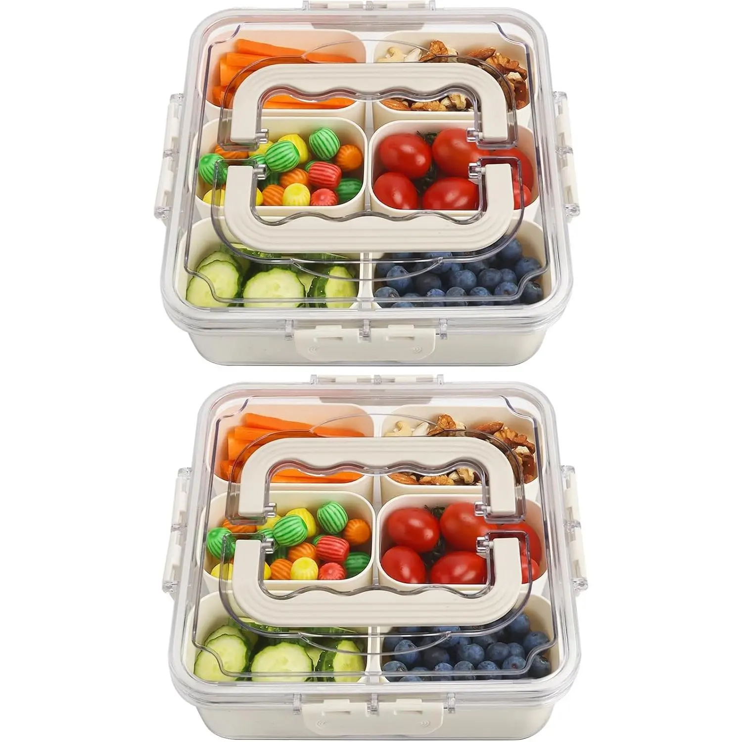 Medium-Size Plastic Divided Serving Trays with Lid, Handle, 6 Compartments - Stackable Indoor Snack Containers for Party, Picnic, Spice Storage - 2 Packs (Veggie Fruit Charcuterie Platter, Nuts Holder)