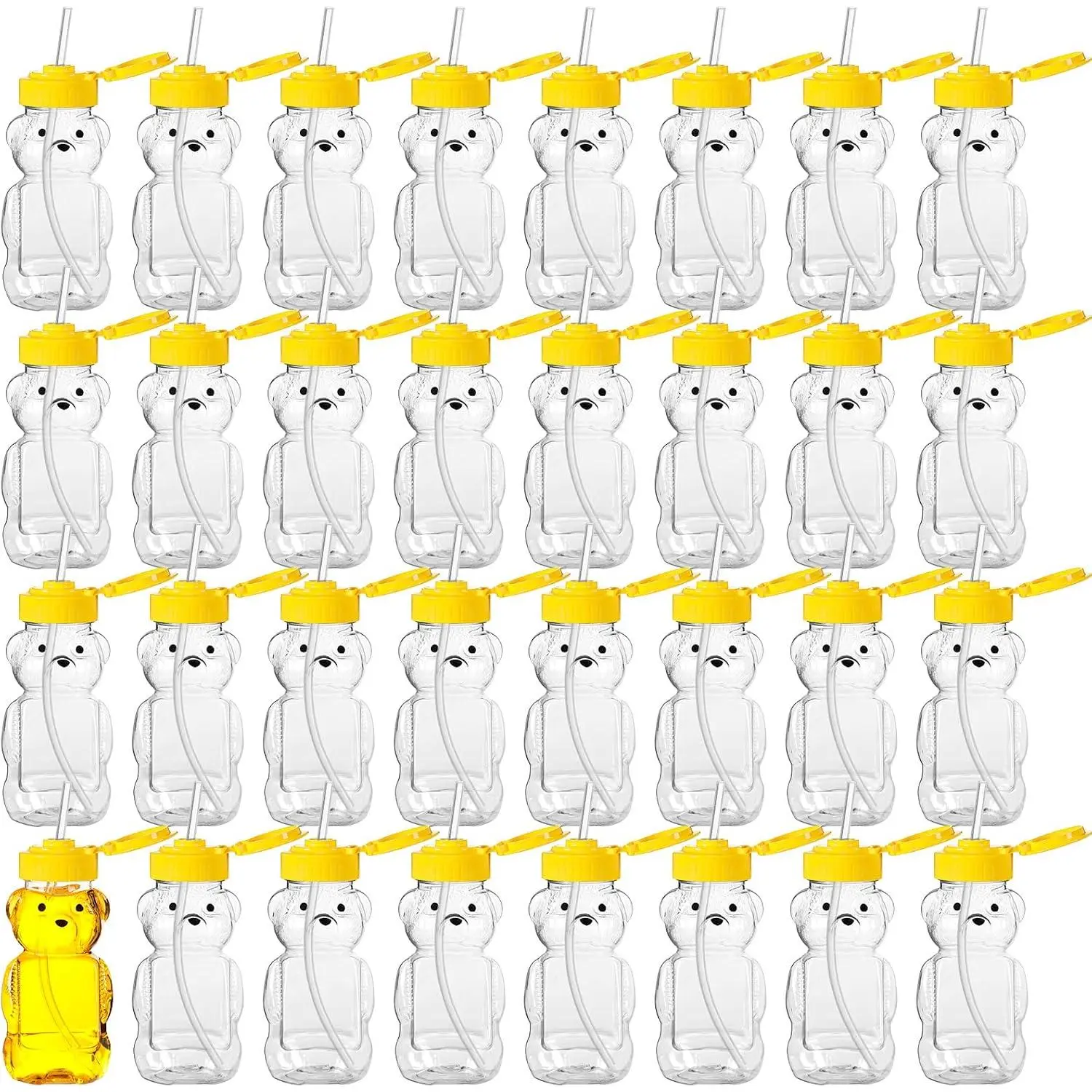 32 Pack Honey  Bottles with Straws, Squeeze Cups, 6oz