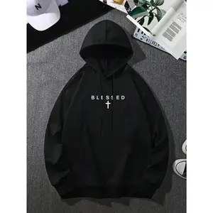 Blessed Cross Print Hoodie, 270G Brushed Fleece Christian Hooded Sweatshirt, Religious Faith Pullover, Soft Warm Casual Streetwear For Men Women