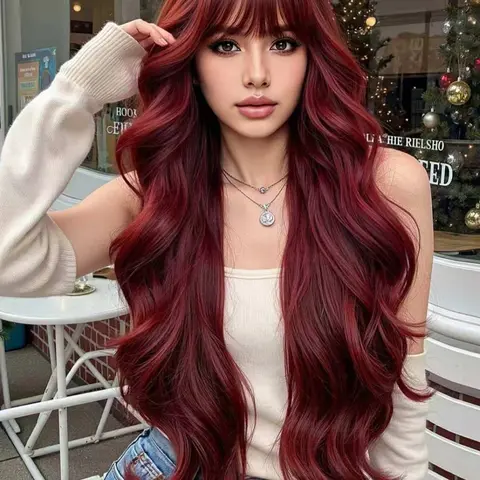 Wavy Long Wig with Bangs for Women, Synthetic Hair Full Headpiece, Retro Wave Long Curl Wig, Cosplay Wig
