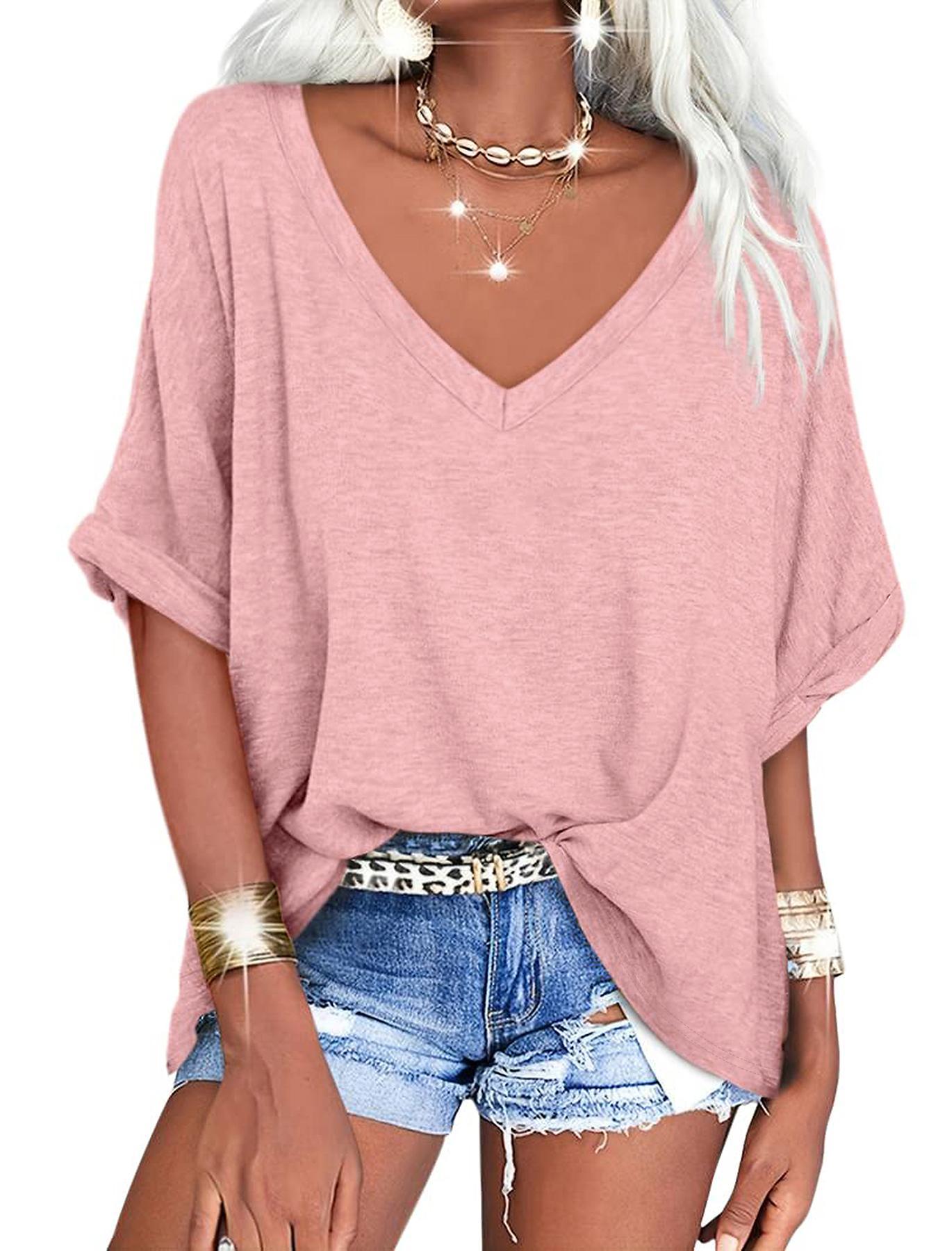 Women's V Neck Batwing Sleeve Tee, Casual Summer Plain Short Sleeve T-Shirt, Ladies Womenswear Clothes for Daily Wear