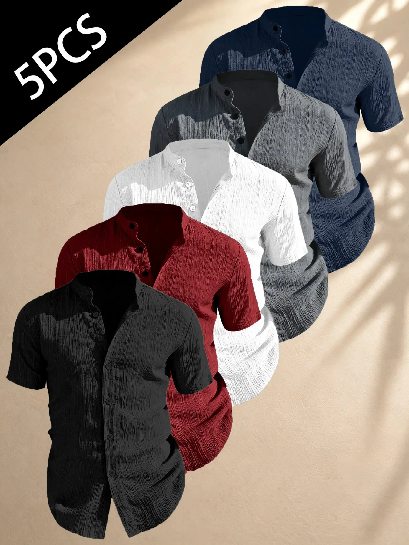5-Piece Men's Short Sleeve Shirt Set, Plain Classic Casual Fashion, Breathable Lightweight Button T-Shirt, Ideal for Formal, Beach, Pool Parties