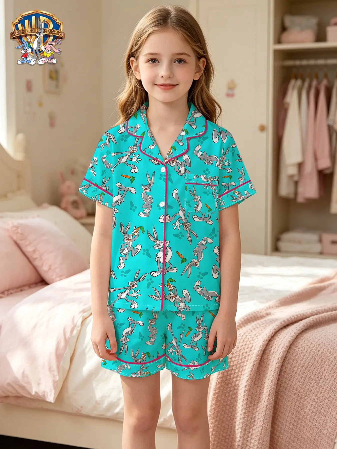 Warner Bros. Official Looney Tunes Bugs Bunny Dynamic Graffiti Kids Short Sleeve Pajama Set, Casual Loose-Fitting Home Wear