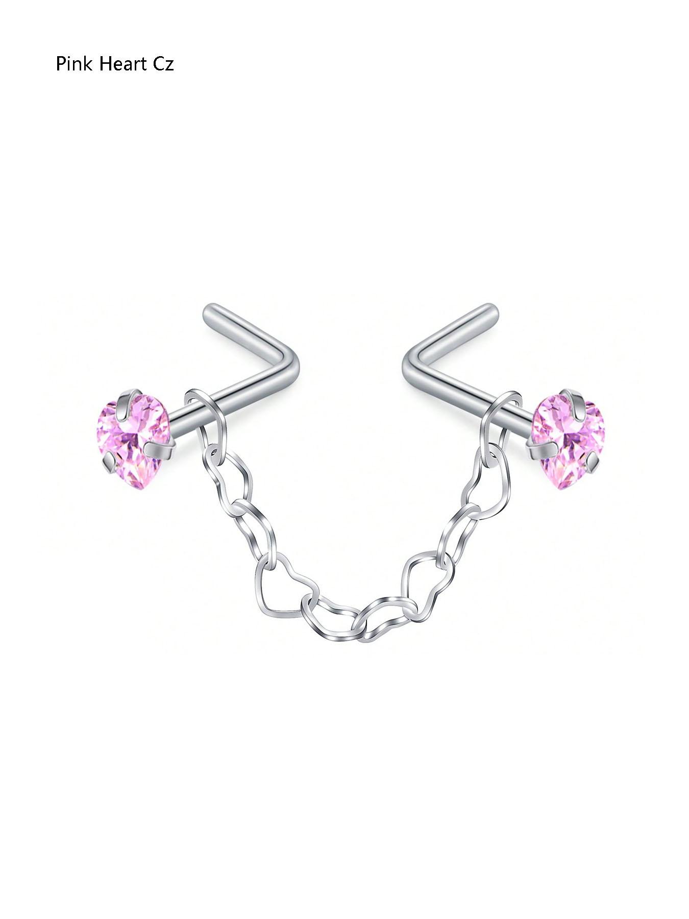 Fashion Stainless Steel Nose Ring with Chain, Cubic Zirconia Heart Design, Synthetic Zircon L-Shaped Piercing Jewelry
