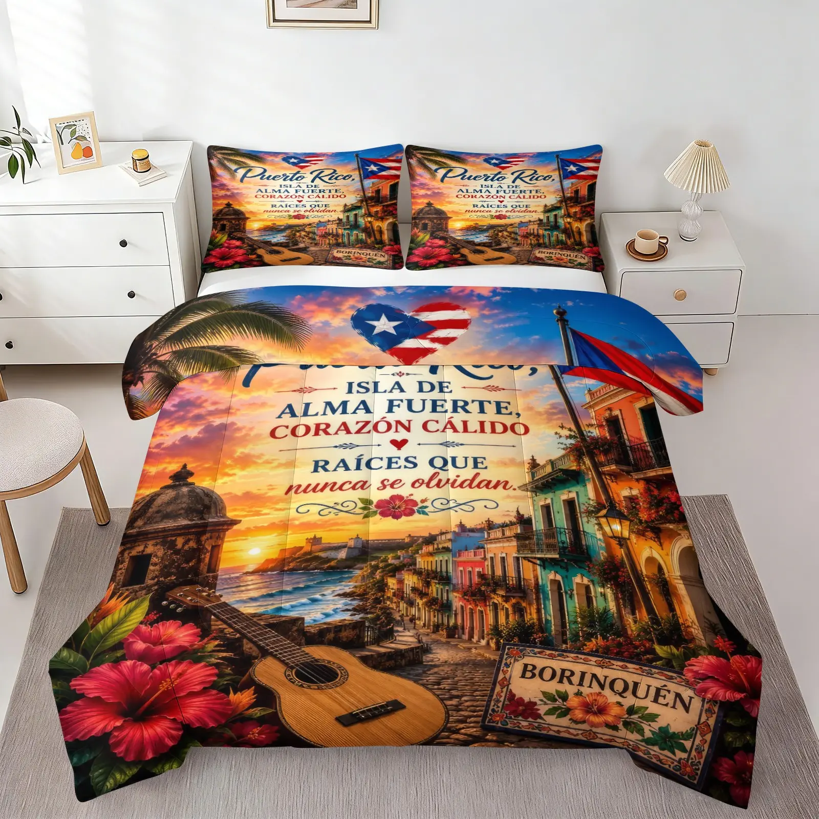 2/3Pcs Puerto Rico Old San Juan Comforter Set, 1 Quilt & 1/2 Pillowcase No Pillow Insert, Sunset Hibiscus Guitar Print Bedding Set, Soft All Season Bedding, Perfect for Bedroom Dorm, Gift for Boricua Culture Lovers