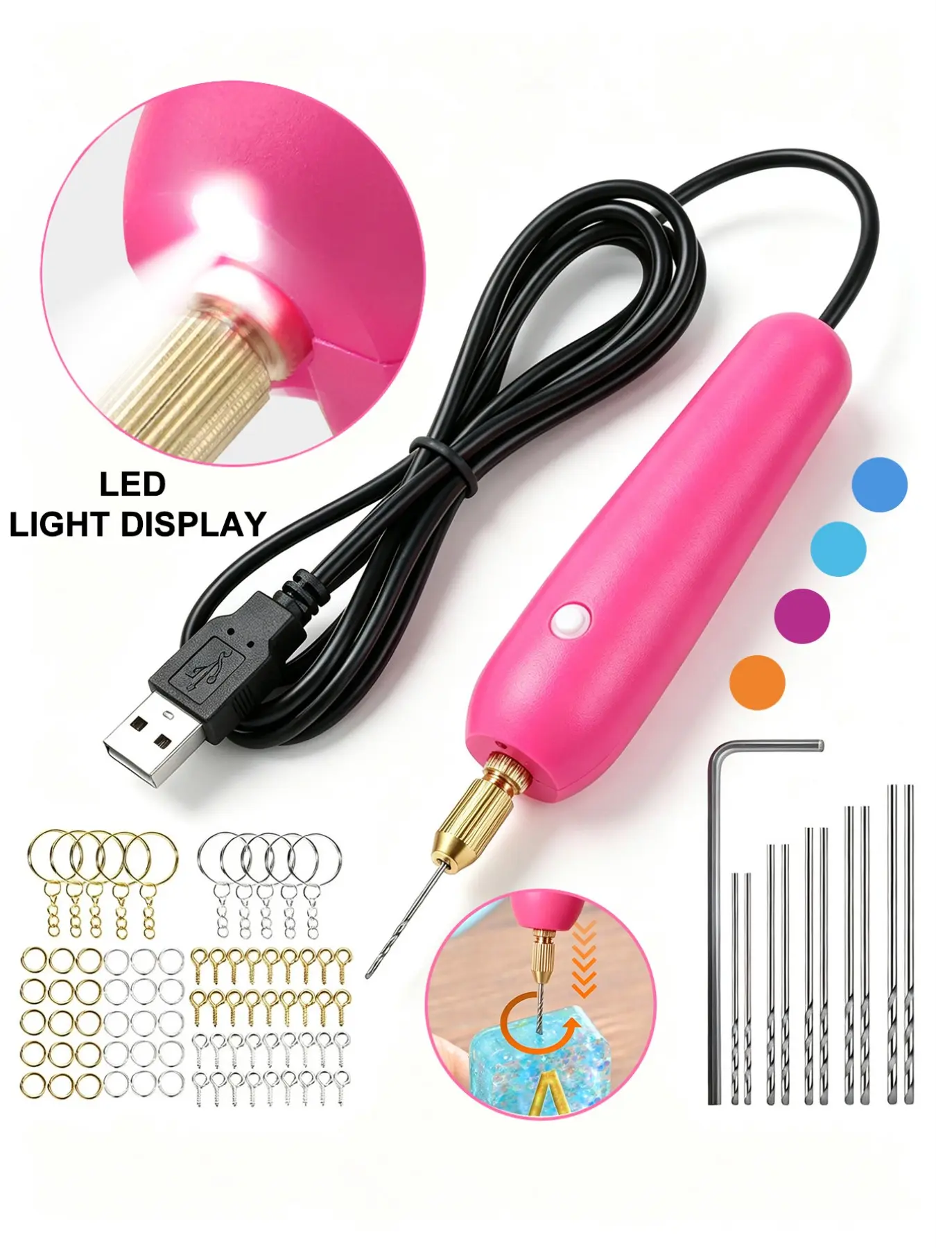 USB Mini Electric Drill Kit with LED Light, Handheld Resin Drilling Tool Set, for DIY Resin Casting & Handmade Keychain Making Jewelry Craft Tools Resin Compatibility