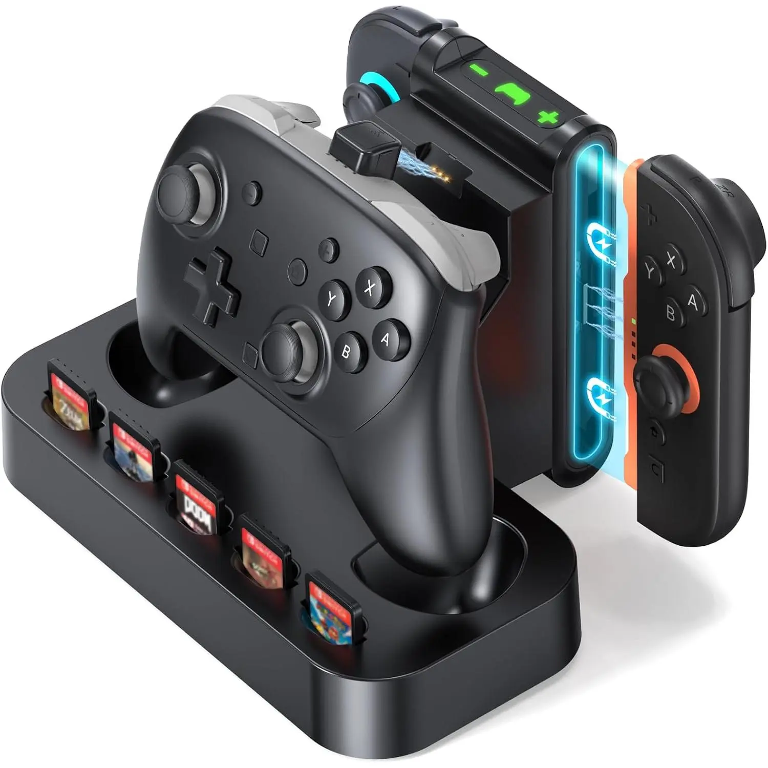 2-in-1 Switch Console Accessories Dock, Pro Controller & Joy-Con Snap Station with 2 Controller Slots, 5 Game Card Storage, Type-C Port, Non-Slip Base, LED Indicators & Durable Synthetic Organizer Stand