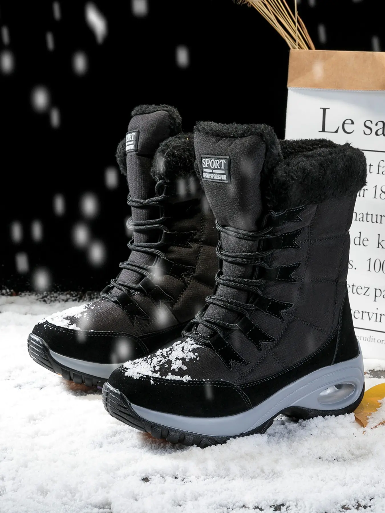 Women's Fleece Lined Air Cushion Snow Boots, Winter Waterproof Non-Slip Mid-Calf Warm Cotton Boots, Comfortable and Stylish Footwear