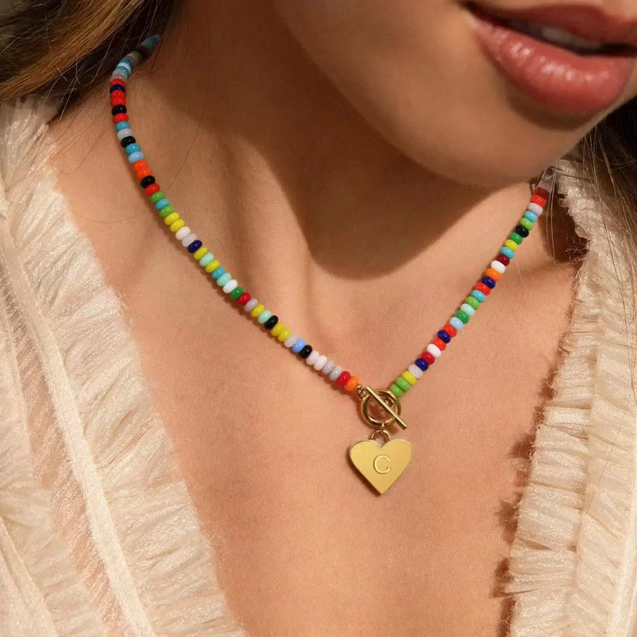 Boho Rainbow Seed Bead Choker Necklace 26 Alphabet Heart Initial Pendant Necklace with OT Toggle Clasp Trendy Layerable Short Beaded Neck Jewelry for Women