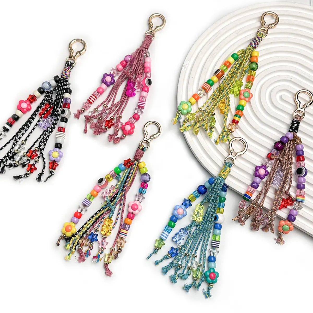 Boho Floral Bag Charm with Braided Nylon Rope and Multi-Color Tassel, Women's Beaded Acrylic Keychain, Purse Accessories, Bag Charms, Tassels, Floral Pattern Keychain, Trendy Cute Keychain