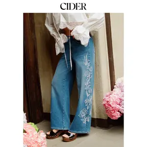 Cider Denim Floral Embroidery Low Rise Straight Leg Jeans