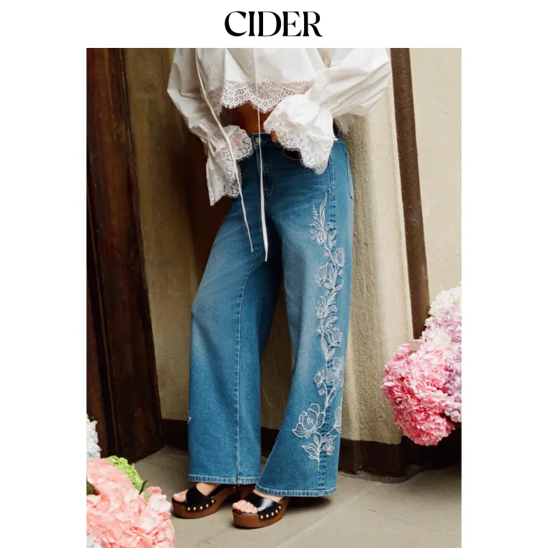 Cider Denim Floral Embroidery Low Rise Straight Leg Jeans
