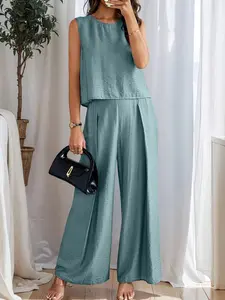 Women's Summer Casual Two-Piece Set, Sleeveless Round Neck Loose Top + High Waist Wide Leg Pants, Comfortable and Stylish