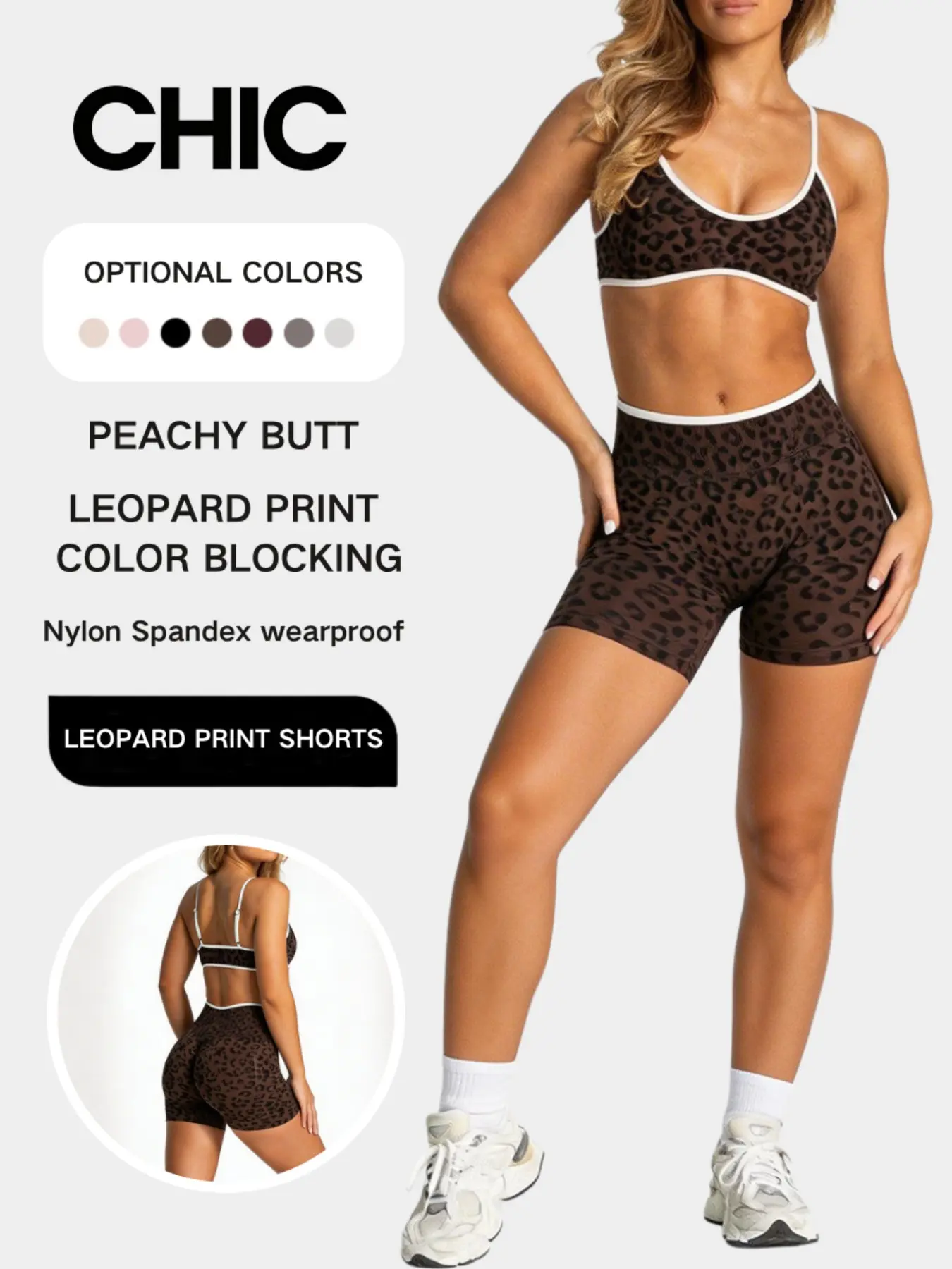 Women Leopard Print Athletic Matching Set High Rise Butt Lifting Biker Shorts Thin Strap Sports Bra Wearproof Soft Nylon Spandex Gym Activewear Athletic Sets