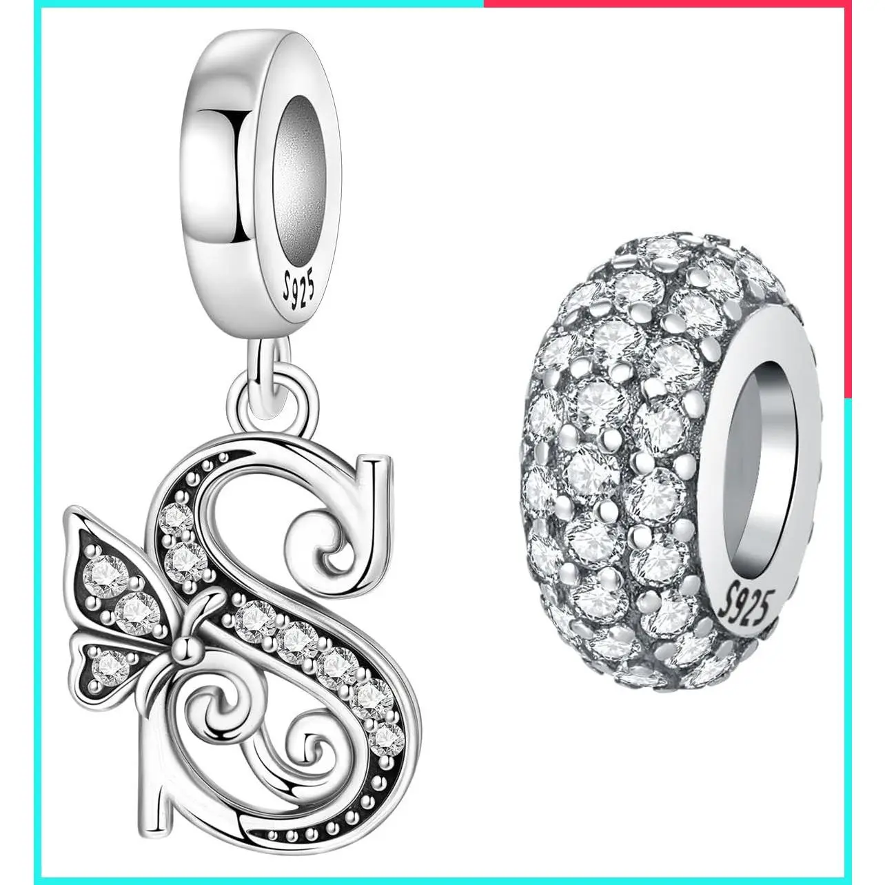2 Pack 925 Sterling Silver Butterfly Letter Initial Charms with Cubic Zirconia - Alphabet Pendant, Round Spacer Bead Dangles for Bracelet & Necklace Jewelry Making, Gift for Women