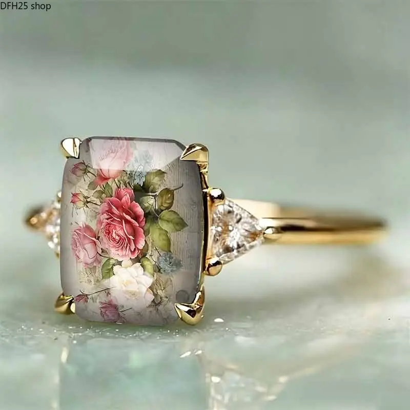 Floral Green Botanical Statement Ring For Women, Vintage Resin Jewelry Adjustable Finger Ring With Nature Inspired Artistic Design For Daily Wear Party Fashion Accessory Gift