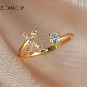 Adjustable Open Cuff Statement Ring |   Summer 2026 Quiet Luxury Letter Viral Ring Staples, Creative Letter Inlaid Artificial Zircon Dainty Finger Jewelry For Women Teen Girls, Stackable Lightweight Summer Street Decor, Cute Trendy Mini Fashion Gift For Y