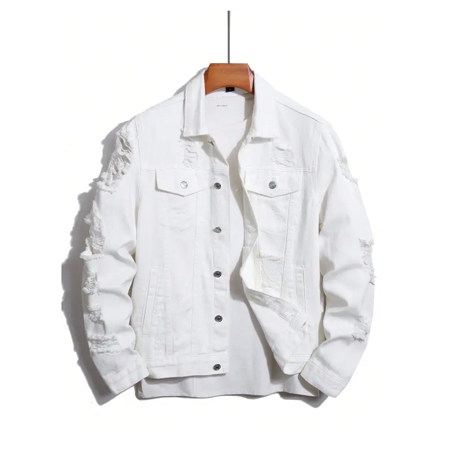 Men's White Distressed Denim Jacket Vintage Ripped High Street Trucker Coat