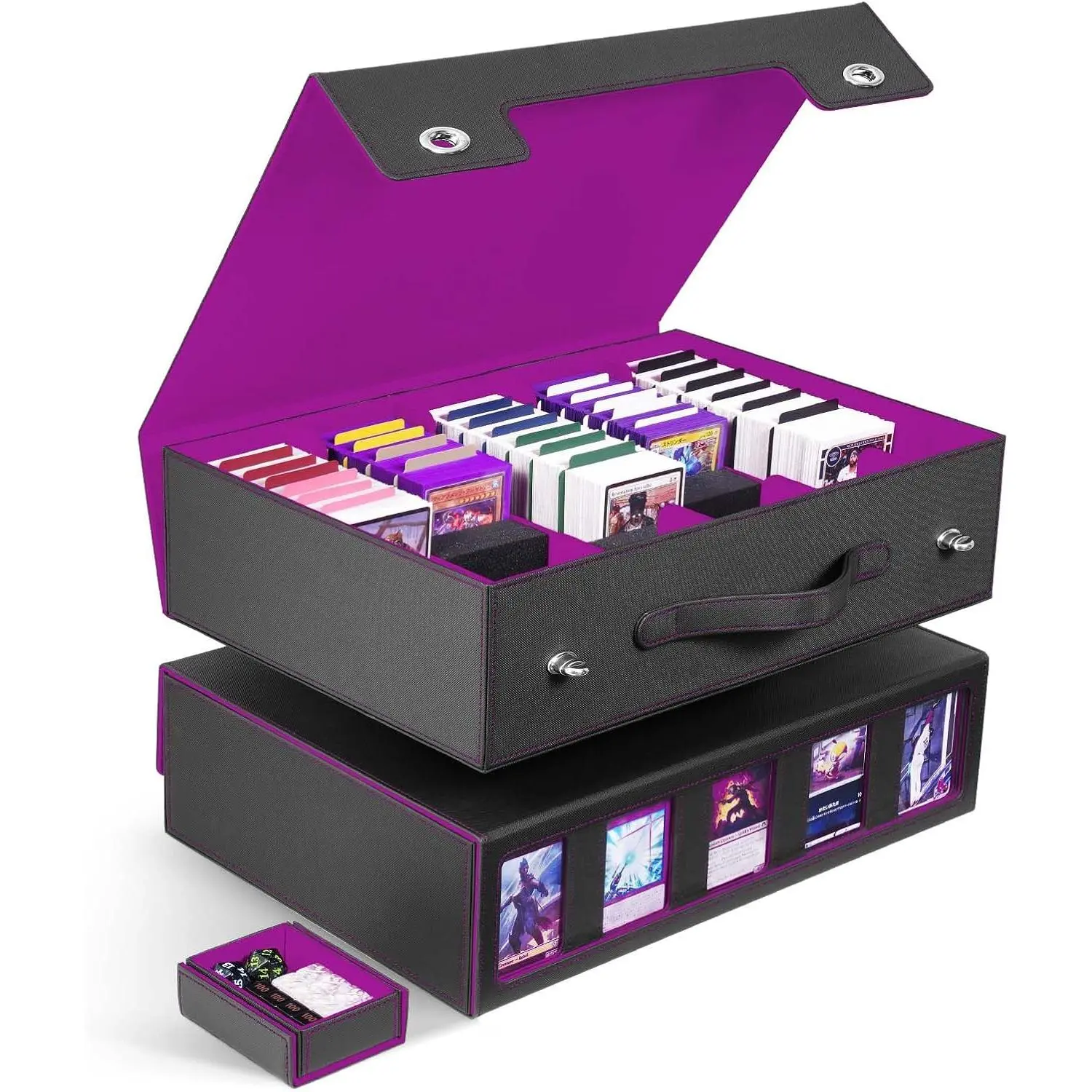 Trading Card Storage Box 5-Row with Handle, Holds 3900+ Cards, MTG Commander Display Top Loaders Organizer Case for TCG PTCG Sport Card (Black & Purple)