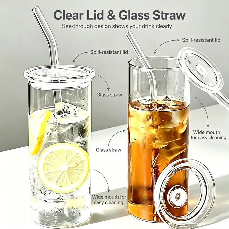 Tall Borosilicate Iced Coffee Glass Tumblers with Lid & Straw, Clear Reusable Glass Cups for Lemonade, Smoothie, Tea, Water, Household Office Drinking Glassware Set