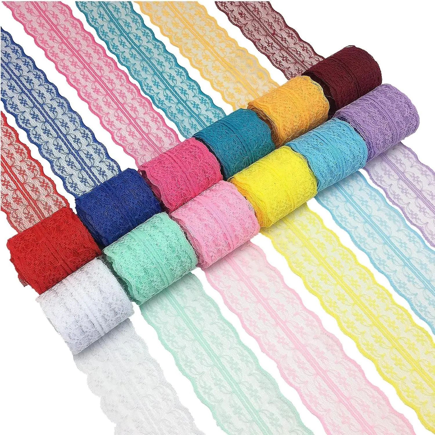 12 Rolls 60 Yards Lace Ribbon Mixed Color Floral Pattern Fabric by The Roll, for Bridal Wedding Decorations, Invitation Cards, Hair Bow Making, DIY Sewing, Gift Wrapping, 1-3/4 Inch Wide
