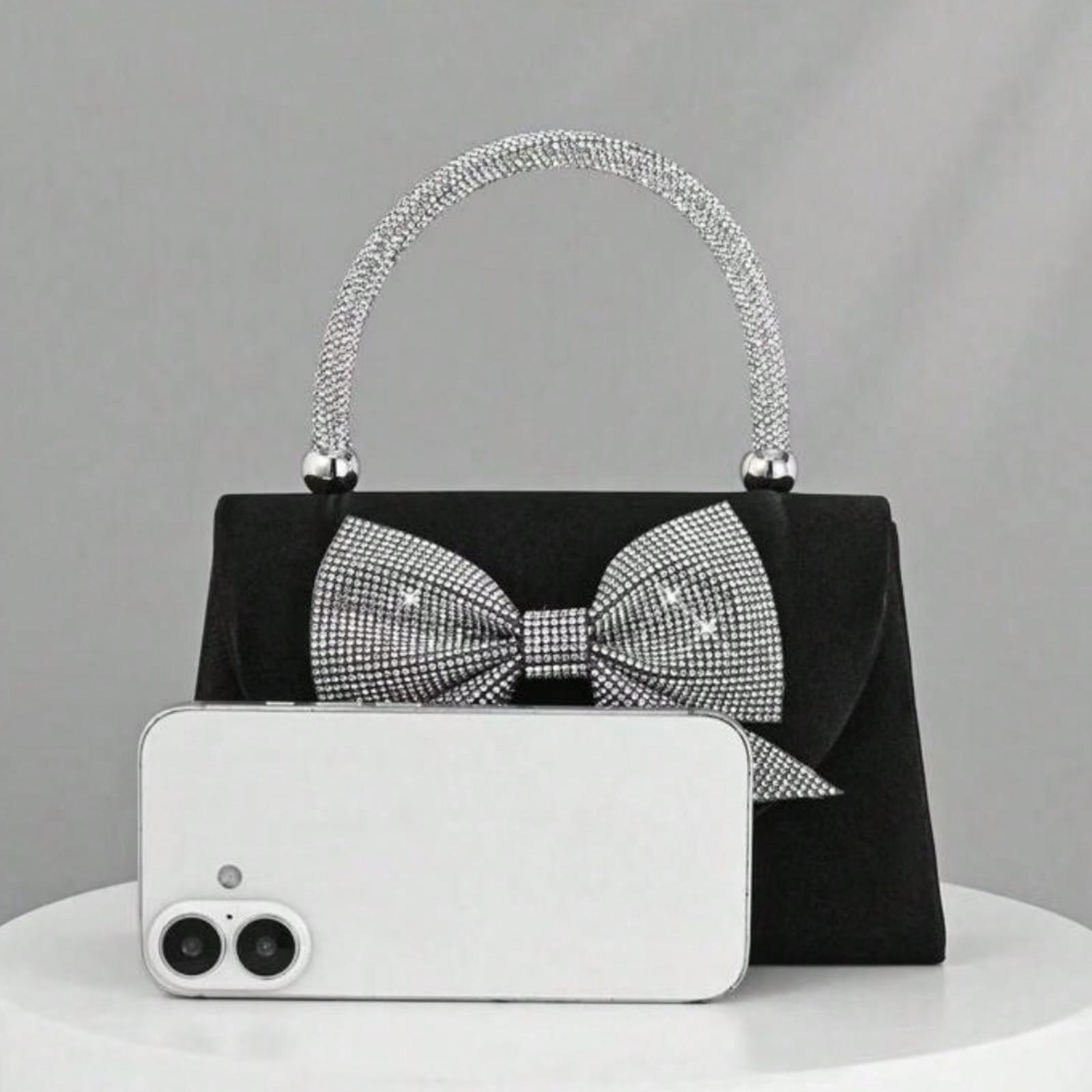 Women's European American Fashion Black Satin Flap Clutch Evening Bag, Sparkling Elegant Bowknot Rhinestone Decor Party Handbag, Luxury Satin Formal Dress Crossbody Bag, Chain Shoulder Bag Suitable For Banquet, Party, Birthday, Wedding