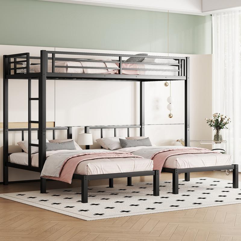 Bellemave Twin over Twin & Twin Bunk Beds for 3 Black Metal Triple Bunk Bed Queen Size Bed Frame Kids Furniture with Guardrails & Sturdy Construction