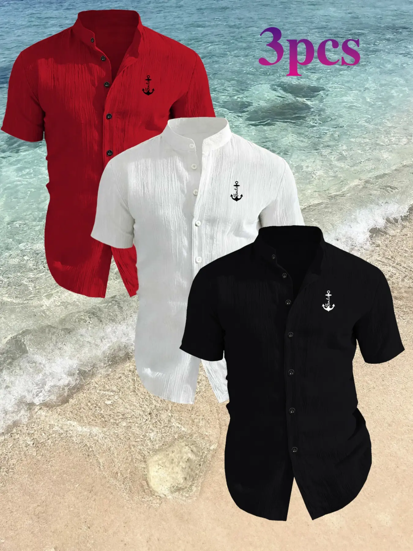 Men's 3-Piece Multi-Color Set, Wrinkle-Resistant Stand Collar Short Sleeve Casual Shirt, Lightweight Breathable Fabric, Ideal for Beach & Daily Wear