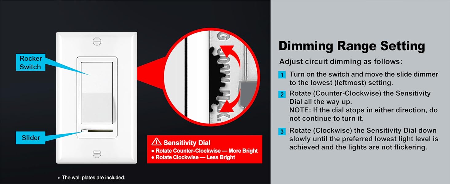 6 Pack Dimmer Light Switch, LED Dimmer Switch, Single-Pole or 3-Way, for Dimmable LED, Halogen and Incandescent Bulbs, 120V, Wall Plate Included, UL Listed, White