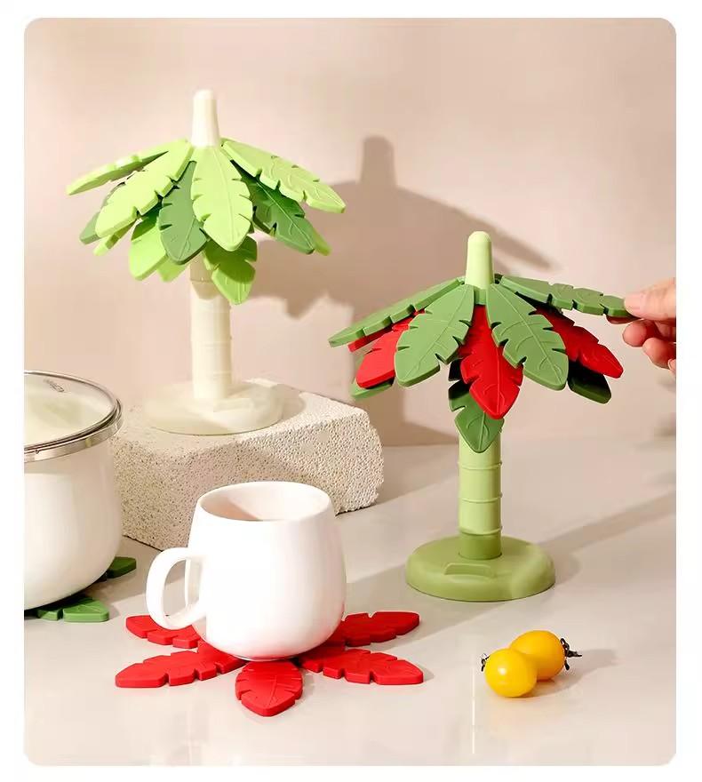 Creative Leaf Coasters Set - Thickened Heat Resistant Pads for Kitchen Foldable Anti-Scald Mat for Bowls Pots Mugs High Aesthetic Design Food Grade 299°C