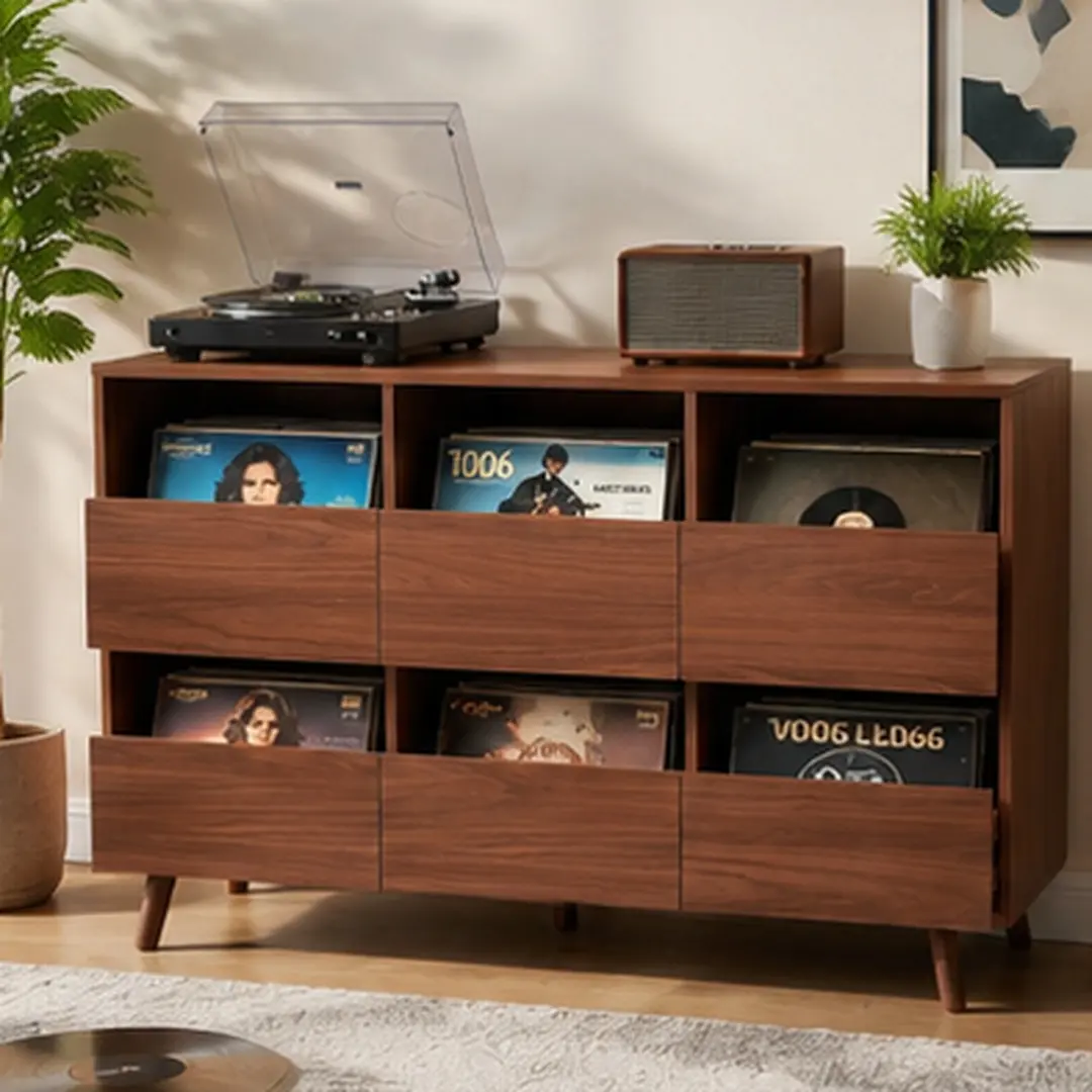 ARCH 44.1" Large Record Player Stand Mid Century Turntable Table with Storage Vinyl Record Holder Cabinet for Living Room Bedroom Home Entertainment Center Walnut MDF, Walnut Color Options, MDF Material, Classic Style, Product Dimensions: 15.70 W x