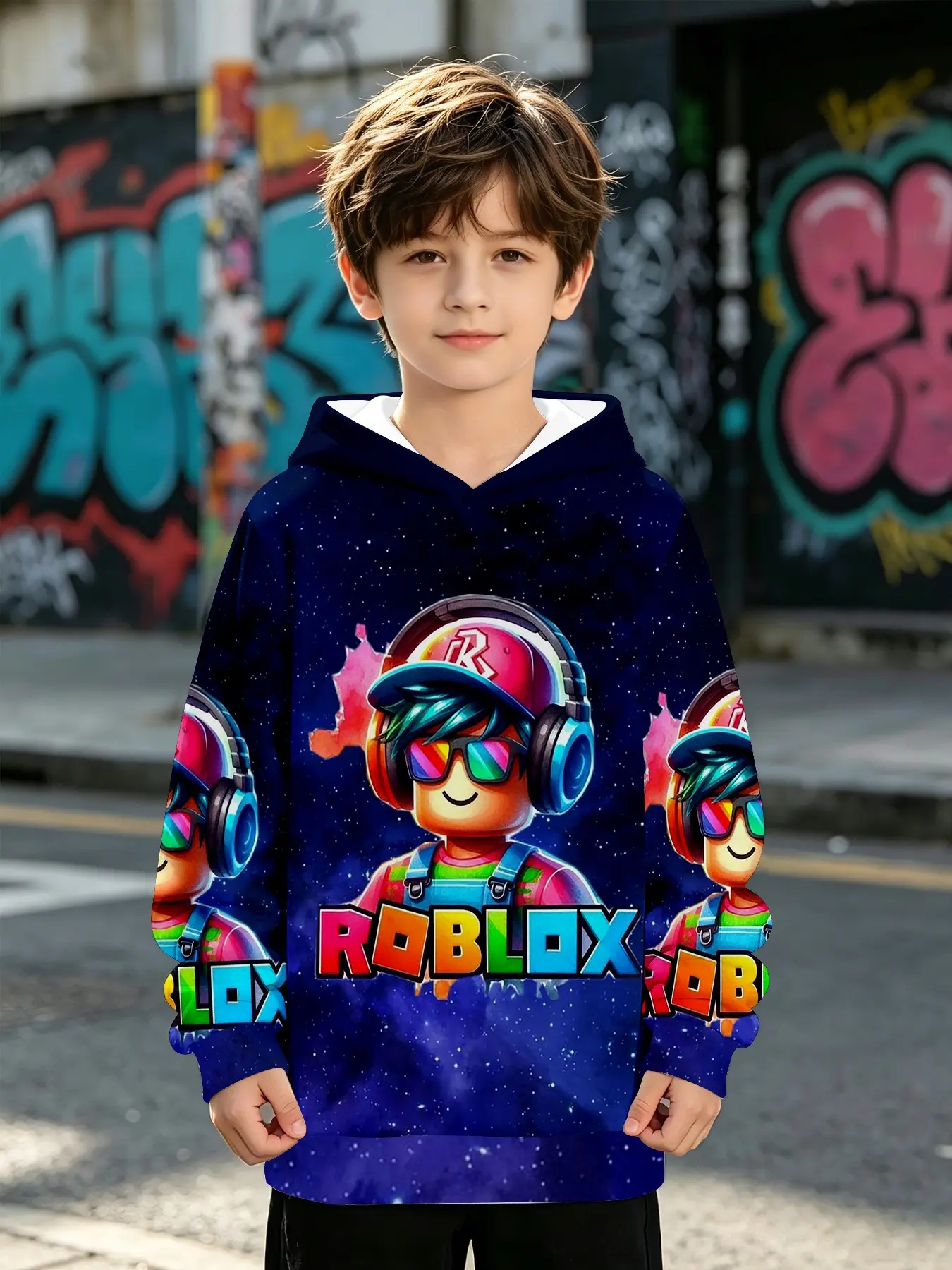Hooded Sweatshirt Roblox Starry Sky Earphone Glasses 3D Digital Print Boy Long Sleeve Top, Casual Loose-Fit Fall Winter Clothing