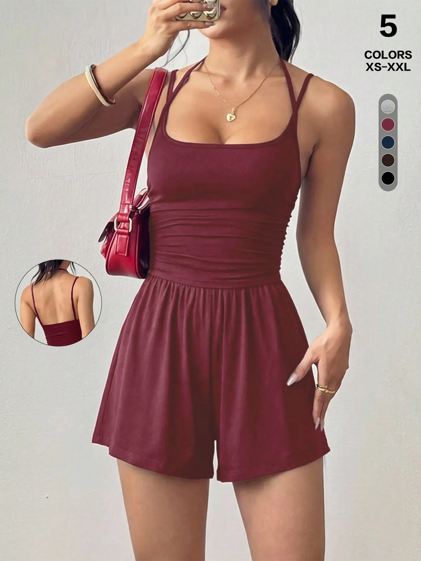 Women's Double Spaghetti Strap Short Jumpsuit, Backless Halter Ruched Romper, Basic Casual Jumpsuits Sleeveless Tank Shorts Jumpsuit, Casual Comfy Jumpsuit for Beach Vacation
