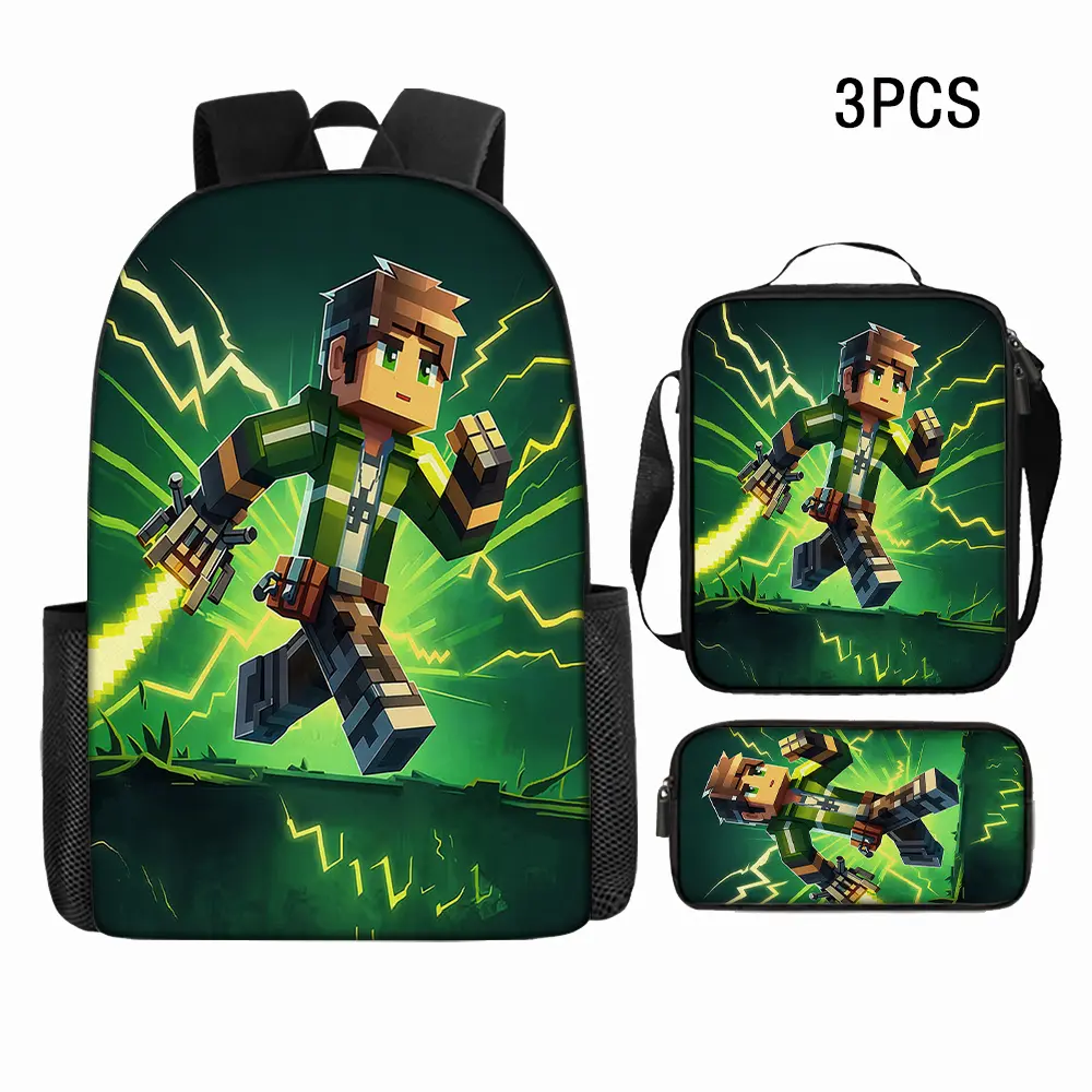 Durable Water Resistant 3-Piece Backpack Set for Kids, Lightweight School Bag with Lunch Box, Green Lightning Burst Pixel Game Boy Character Graphic Print, Includes Large Rucksack, Thermal Lunch Tote & Stationery Pouch