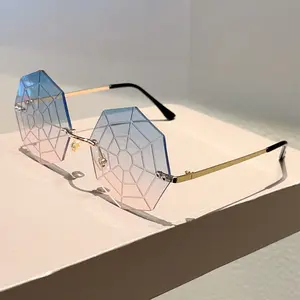 Unisex Novelty Rimless Octagonal Spider Web Pattern Sunglasses, Multi Color Transparent Tint UV400 Protection Sun Glasses for Halloween Cosplay Club Party Street Costume Accessory