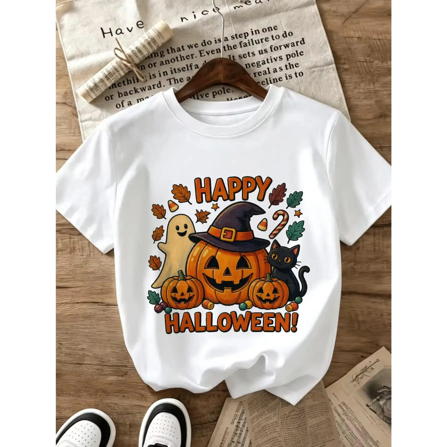 Vintage Tee, Women's Round Neck T-shirt, Happy Halloween Pumpkin Cat Pattern, A Stylish And Casual Choice, Attitude T-shirt
