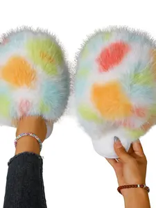Rainbow Gradient Long Hair Slippers for Women, Autumn Winter Outdoor Patchwork Plush Shoes, Soft Sole Warm Cotton Slippers